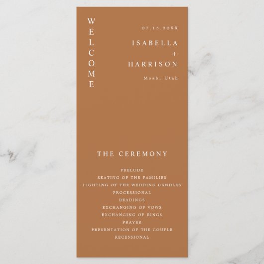 MIA Modern Boho Burnt Orange Beige Wedding Program Menükarte (Vorderseite)