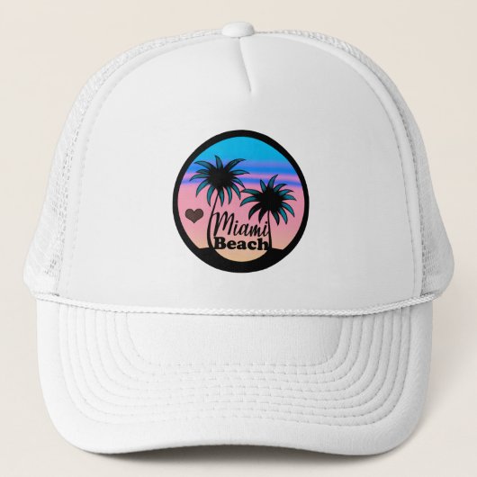 Miami Beach Blue und Pink Palm Trees Truckerkappe (Vorderseite)