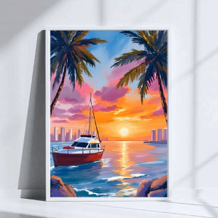 Miami Beach Boat Bay Sonnenuntergang Aquarellmaler Poster