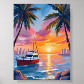 Miami Beach Boat Bay Sunset Watercolor Painting Poster (Vorne)