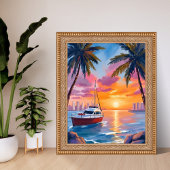 Miami Beach Boat Bay Sunset Watercolor Painting Poster