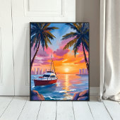 Miami Beach Boat Bay Sunset Watercolor Painting Poster