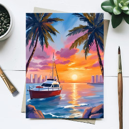 Miami Beach Boat Bay Sunset Watercolor Painting Postkarte