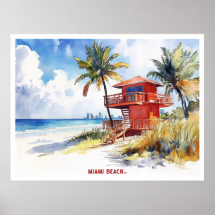 Miami Beach, Florida Aquarellmalerei auf Postkarte Poster