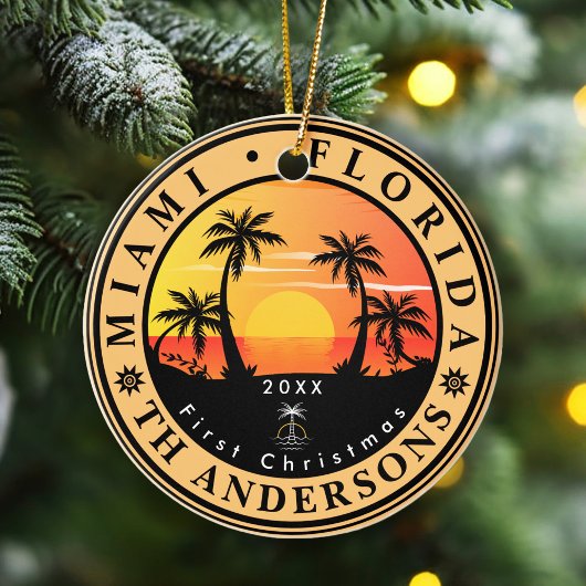 Miami Beach Florida Retro Sunset Palm Tree 80er Keramik Ornament