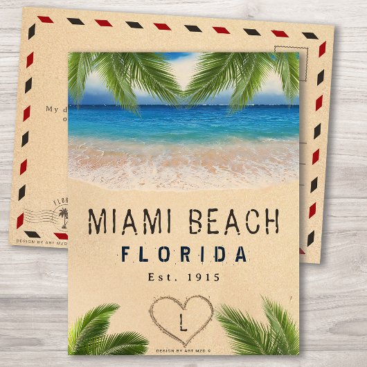 Miami Beach Florida Sand Tropical Palm Blätter Postkarte