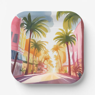 Miami Beach Helle farbenfrohe Aquarellmalerei Pappteller