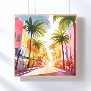 Miami Beach   Helle Farbige Aquarellmalerei Poster