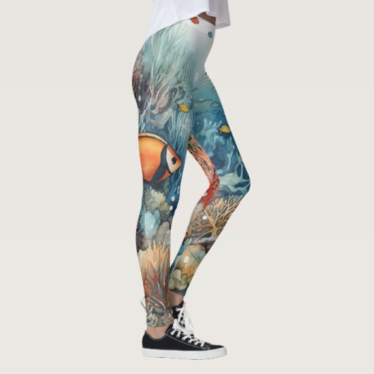 Miami Beach Korallenriff und Fische Aquarell Leggings (Rechts)