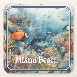 Miami Beach Korallenriff und Fische Aquarell Rechteckiger Pappuntersetzer