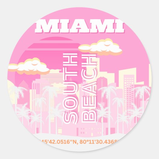 Miami Beach, Miami Travel Art, Preppy, Pink Runder Aufkleber (Vorderseite)