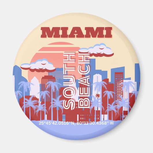 Miami Beach, Miami Travel Art, Retro Magnet (Vorne)