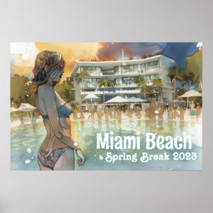 Miami Beach Spring Break Girl in Pool Wasserfarbe Poster
