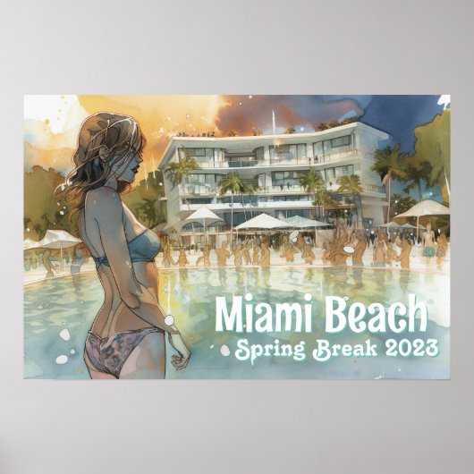Miami Beach Spring Break Girl in Pool Wasserfarbe Poster (Vorne)