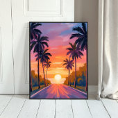 Miami Beach Sunset Palm Tree Tropical Poster