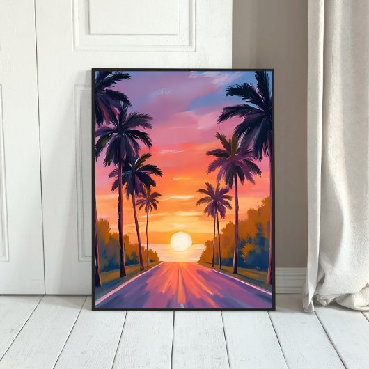 Miami Beach Sunset Palm Tree Tropical Poster