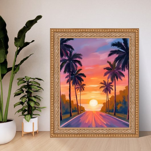 Miami Beach Sunset Palm Tree Tropical Poster