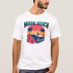 Miami Beach Surfer Sunset Hibiskus Florida Travel T-Shirt