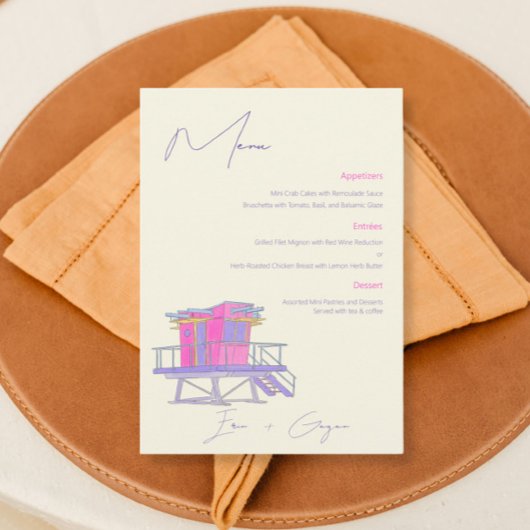 Miami Beach Watercolor Wedding Menu Menükarte