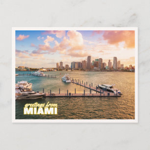 Miami-Boote und Skyline bei Sonnenuntergang Foto Postkarte