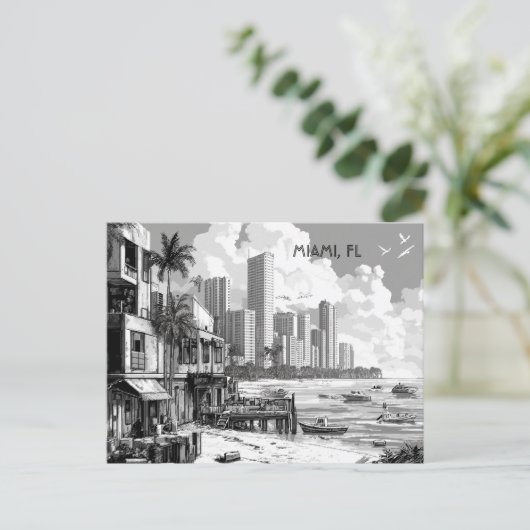 Miami Florida Black and White Travel Postkarte (Stehend Vorderseite)