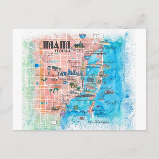 Miami Florida Illustriert Map Postkarte (Vorderseite)