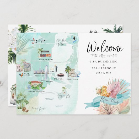 Miami Florida | Karte für Hochzeitswochenende (Vorne/Hinten)