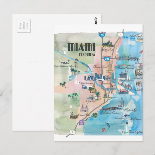 Miami Florida Retro Map Postkarte (Vorne/Hinten)
