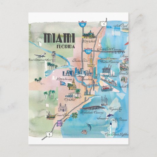 Miami Florida Retro Map Postkarte (Vorderseite)