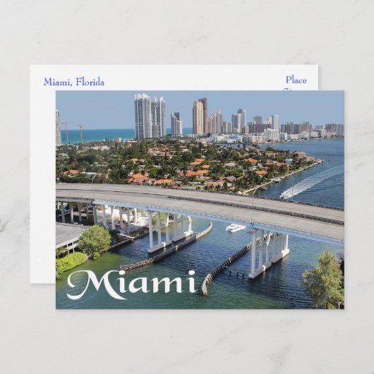 Miami Florida Skyline and Harbor At Night- USA Postkarte (Vorne/Hinten)