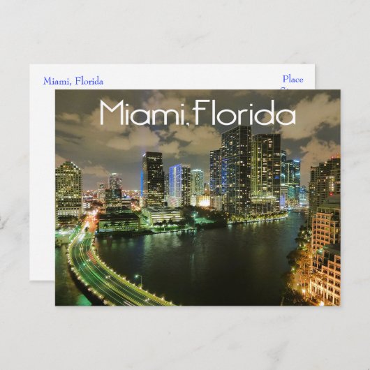Miami Florida Skyline and Harbour At Night - USA Postkarte (Vorne/Hinten)