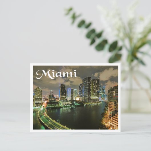 Miami Florida Skyline and Harbour At Night - USA Postkarte (Stehend Vorderseite)
