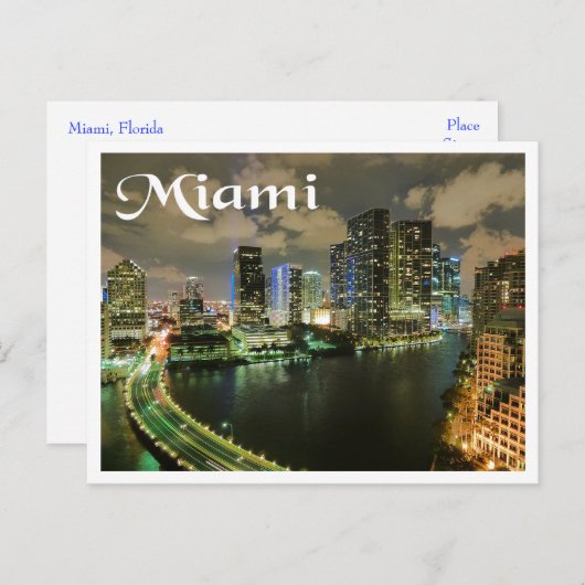 Miami Florida Skyline and Harbour At Night - USA Postkarte (Vorne/Hinten)