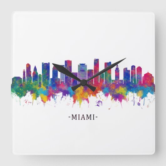 Miami Florida Skyline Quadratische Wanduhr (Vorderseite)