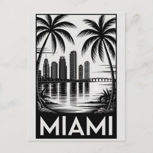 Miami Florida Skyline Schwarz Weiß Holzschnitt Postkarte
