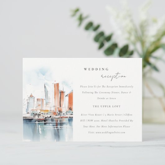 Miami Florida Skyline Watercolor Hochzeitsempfang Begleitkarte (Stehend Vorderseite)