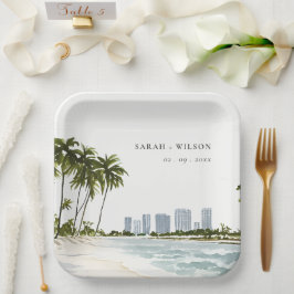 Miami Florida Wasserfarbenpalme Landschaft Hochzei Pappteller