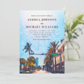 Miami Florida Watercolor City Hochzeit in Urlaubso Einladung (Stehend Vorderseite)