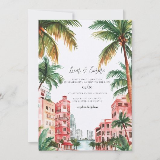 Miami Florida Watercolor Wedding Invitation Einladung (Vorderseite)