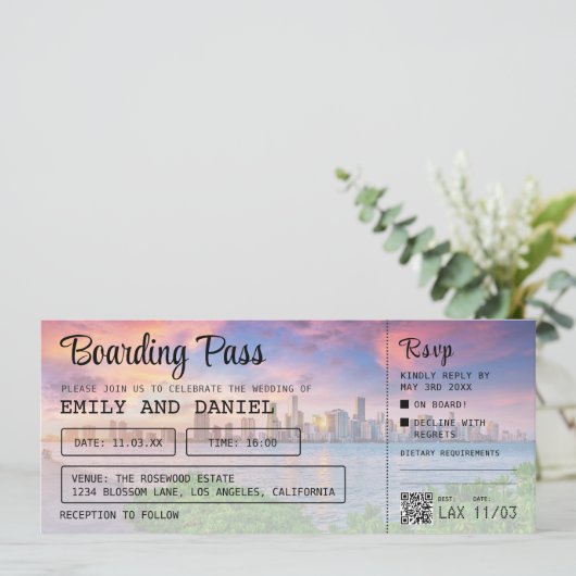 Miami Florida Zielort Boarding Pass Wedding Einladung (Stehend Vorderseite)