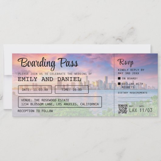Miami Florida Zielort Boarding Pass Wedding Einladung (Vorderseite)