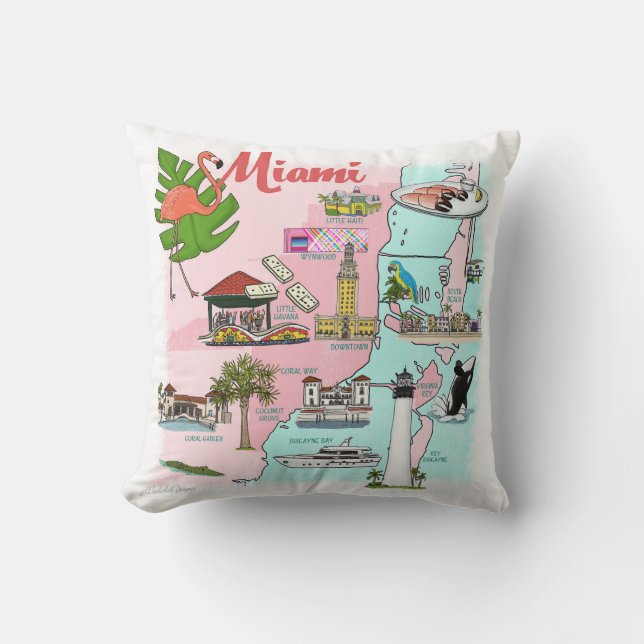Miami Illustriert Map Throw Pillow Kissen (Vorderseite)