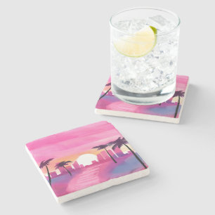 Miami in Pink   Helle Aquarellmalerei Steinuntersetzer