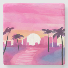 Miami in Pink | Helle Aquarellmalerei Steinuntersetzer
