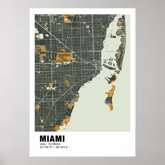 Miami Map Poster - Miami Green & Gold Karte (Vorne)