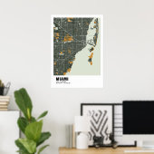 Miami Map Poster - Miami Green & Gold Karte (Heimbüro)