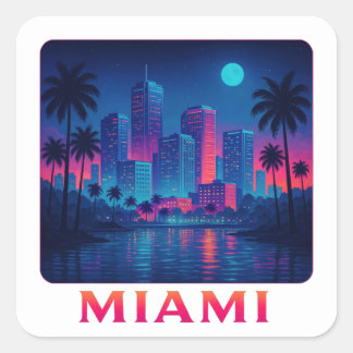 Miami Moonrise - Neon Skyline Quadratischer Aufkleber