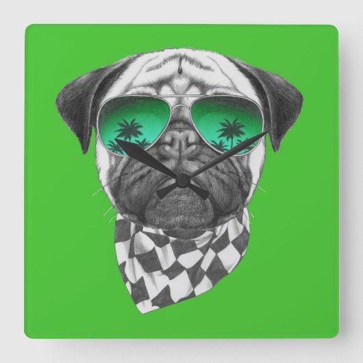 Miami-Mops Quadratische Wanduhr (Vorderseite)