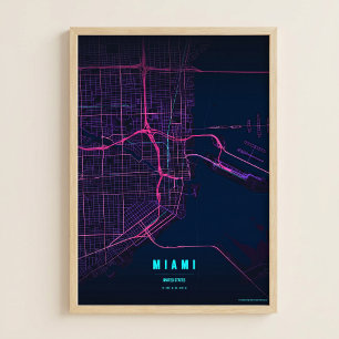 Miami Neon Druck Florida Stadtplan Wandkunst Poste Poster