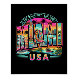 Miami Neon Retro Vintage Beach Art Deco USA Style Poster